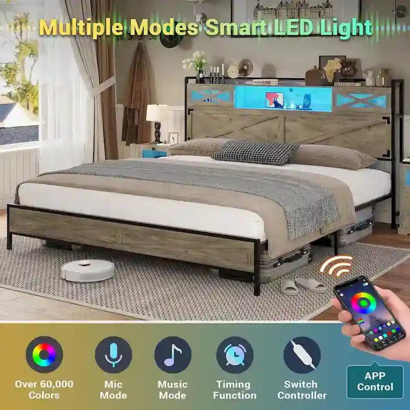 Farmhouse Bed Frame Storage Headboard Sliding Barn Door