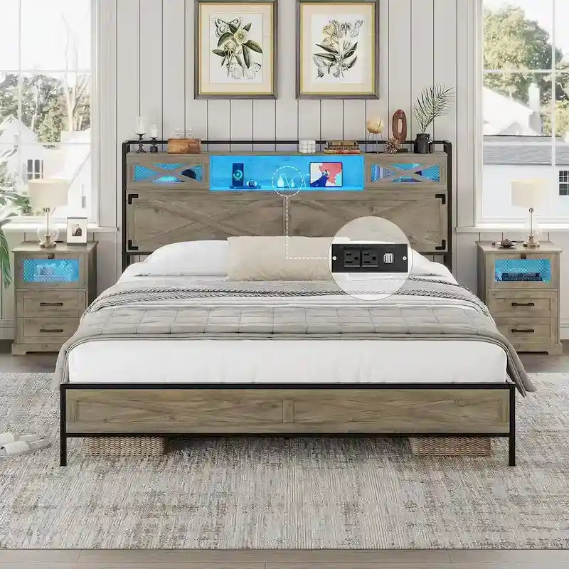 Farmhouse Bed Frame Storage Headboard Sliding Barn Door