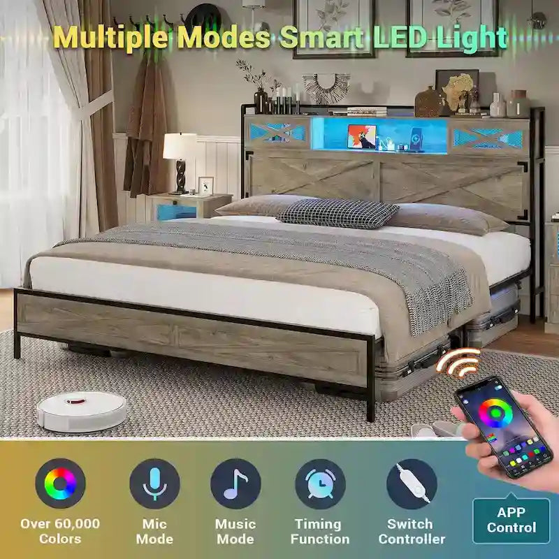 Farmhouse Bed Frame Storage Headboard Sliding Barn Door