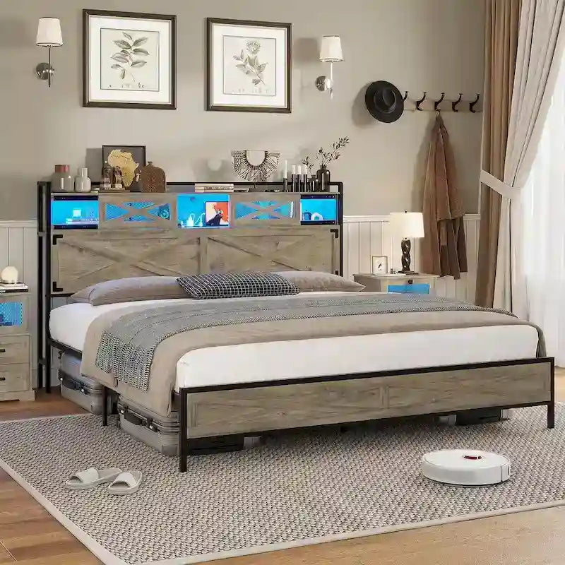 Farmhouse Bed Frame Storage Headboard Sliding Barn Door