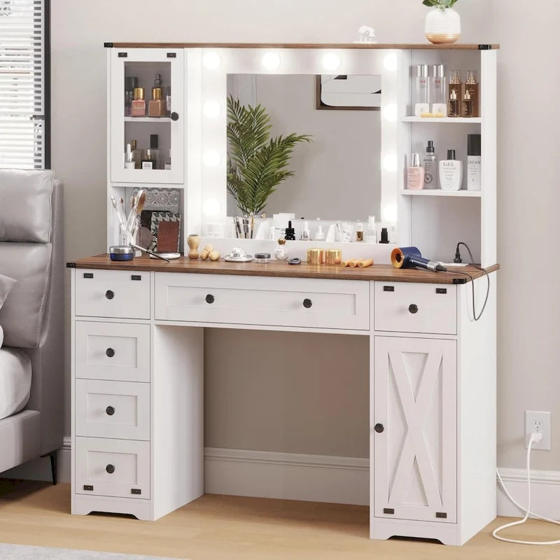 Makeup Vanity Desk with Large Hollywood Mirrors and Lights Bulb