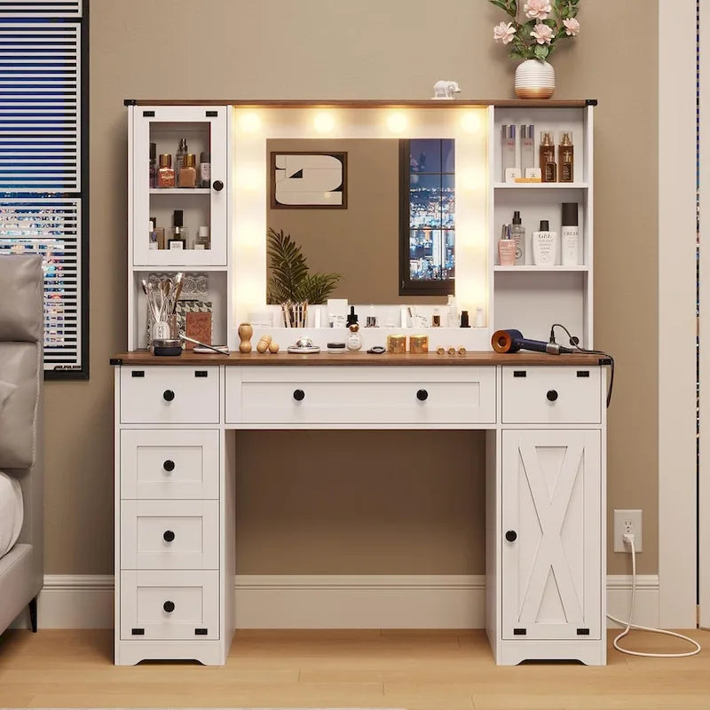 Makeup Vanity Desk with Large Hollywood Mirrors and Lights Bulb