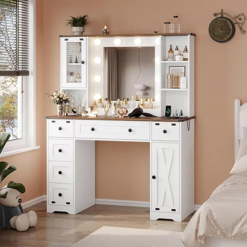 Makeup Vanity Desk with Large Hollywood Mirrors and Lights Bulb