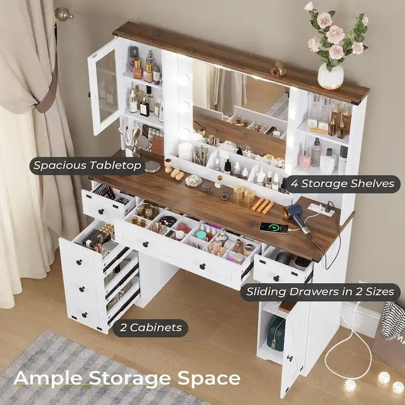 Makeup Vanity Desk with Large Hollywood Mirrors and Lights Bulb