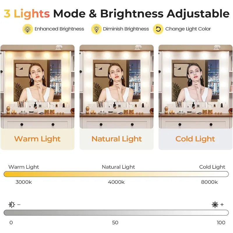 Makeup Vanity Desk with Large Hollywood Mirrors and Lights Bulb