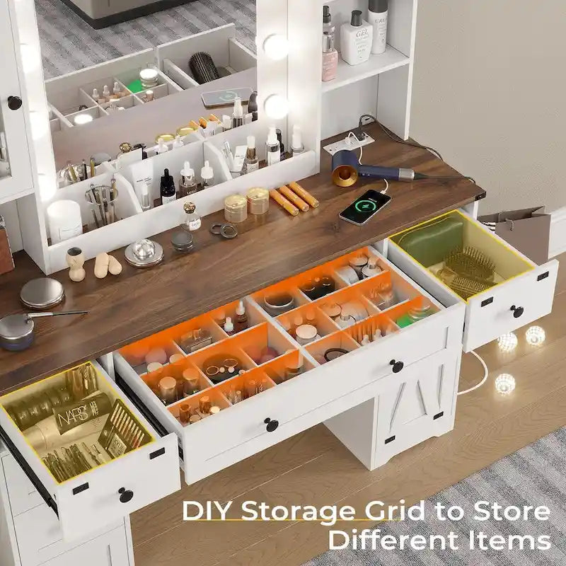 Makeup Vanity Desk with Large Hollywood Mirrors and Lights Bulb