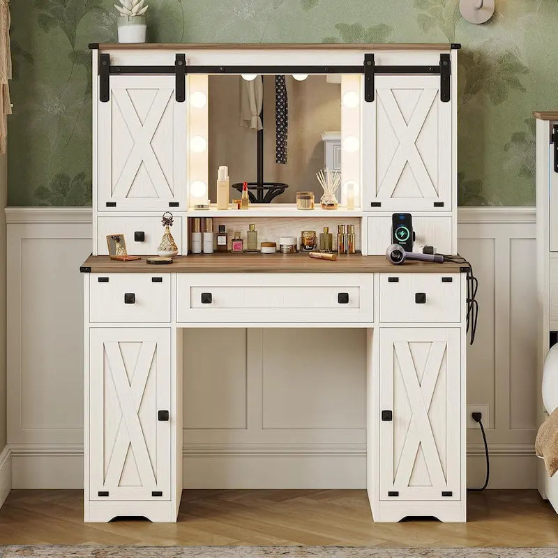 Makeup Vanity Desk with Large Hollywood Mirrors and Lights Bulb