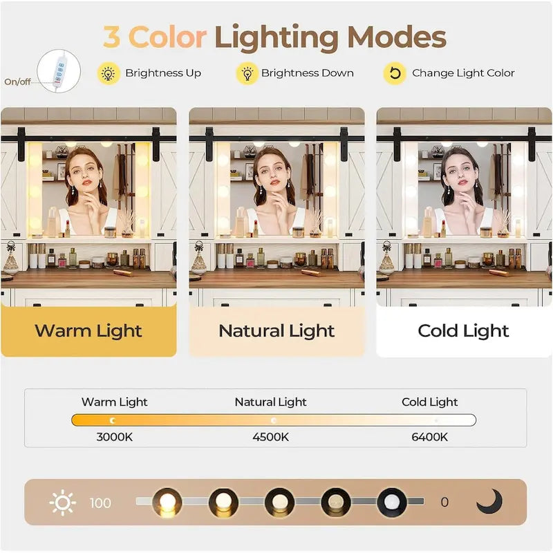 Makeup Vanity Desk with Large Hollywood Mirrors and Lights Bulb