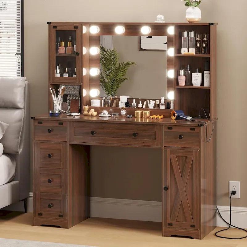 Makeup Vanity Desk with Large Hollywood Mirrors and Lights Bulb