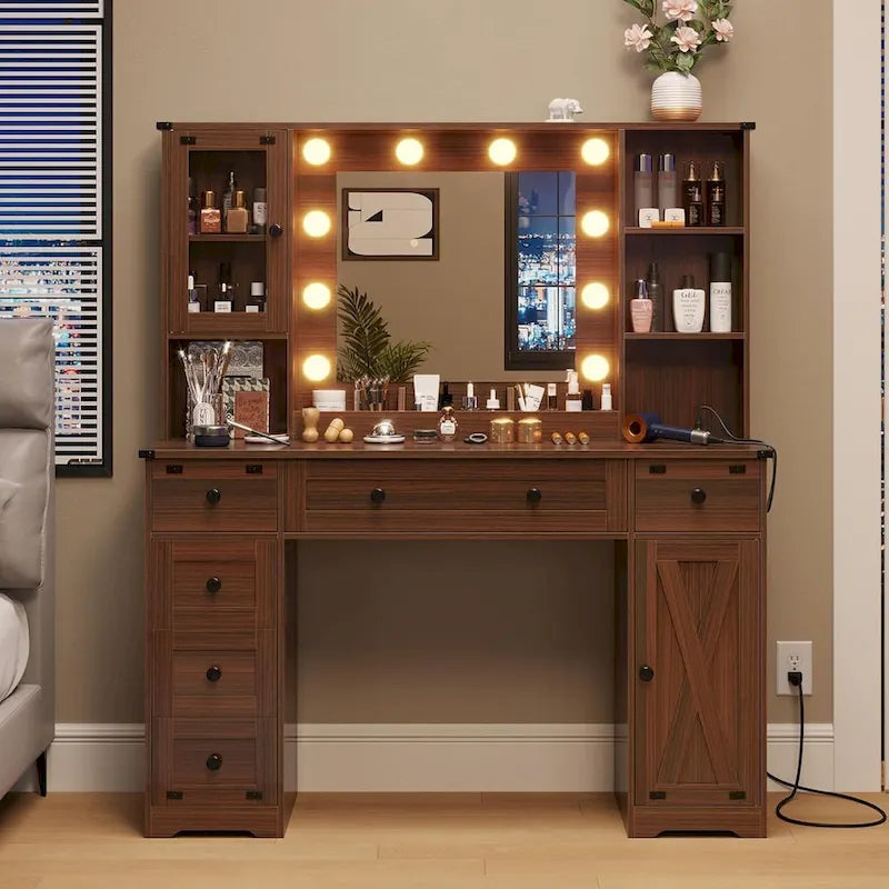 Makeup Vanity Desk with Large Hollywood Mirrors and Lights Bulb
