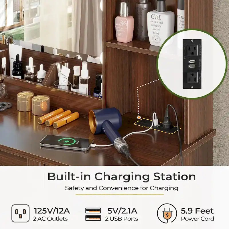 Makeup Vanity Desk with Large Hollywood Mirrors and Lights Bulb