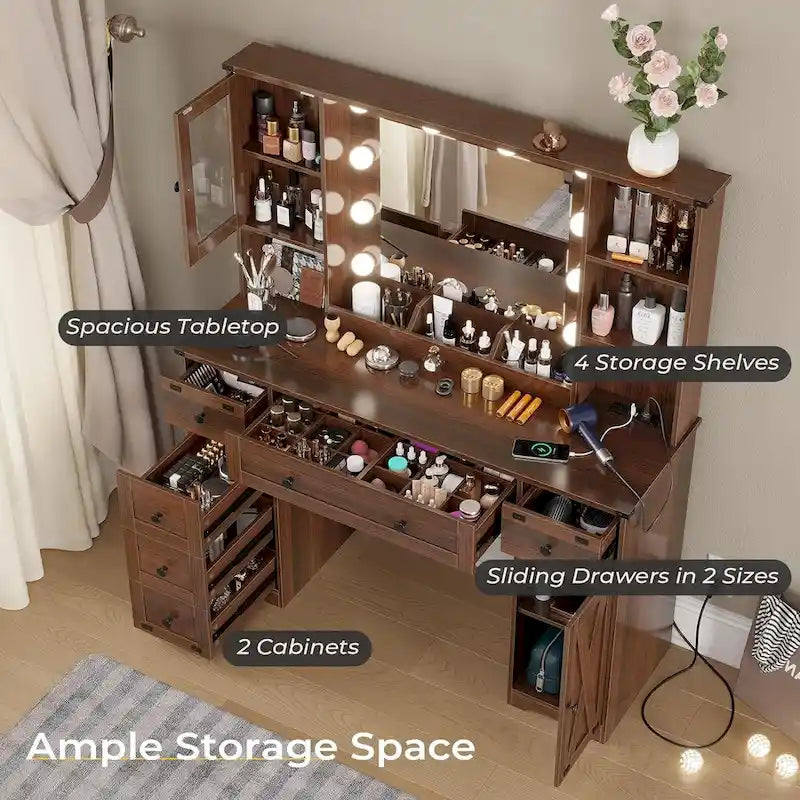 Makeup Vanity Desk with Large Hollywood Mirrors and Lights Bulb