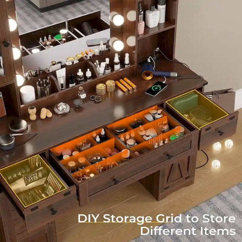 Makeup Vanity Desk with Large Hollywood Mirrors and Lights Bulb