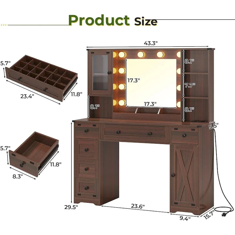 Makeup Vanity Desk with Large Hollywood Mirrors and Lights Bulb