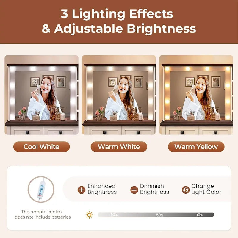 Makeup Vanity Desk with Large Hollywood Mirrors and Lights Bulb