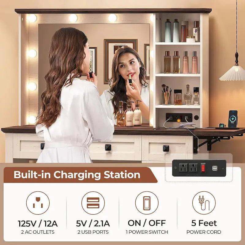 Makeup Vanity Desk with Large Hollywood Mirrors and Lights Bulb