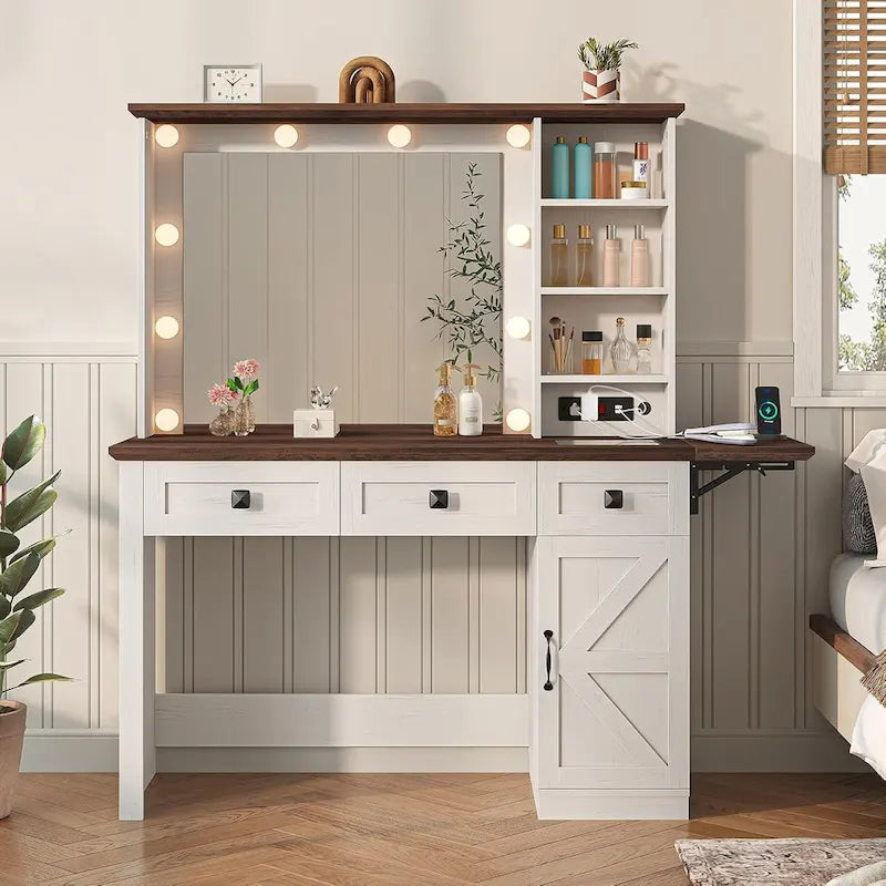 Makeup Vanity Desk with Large Hollywood Mirrors and Lights Bulb