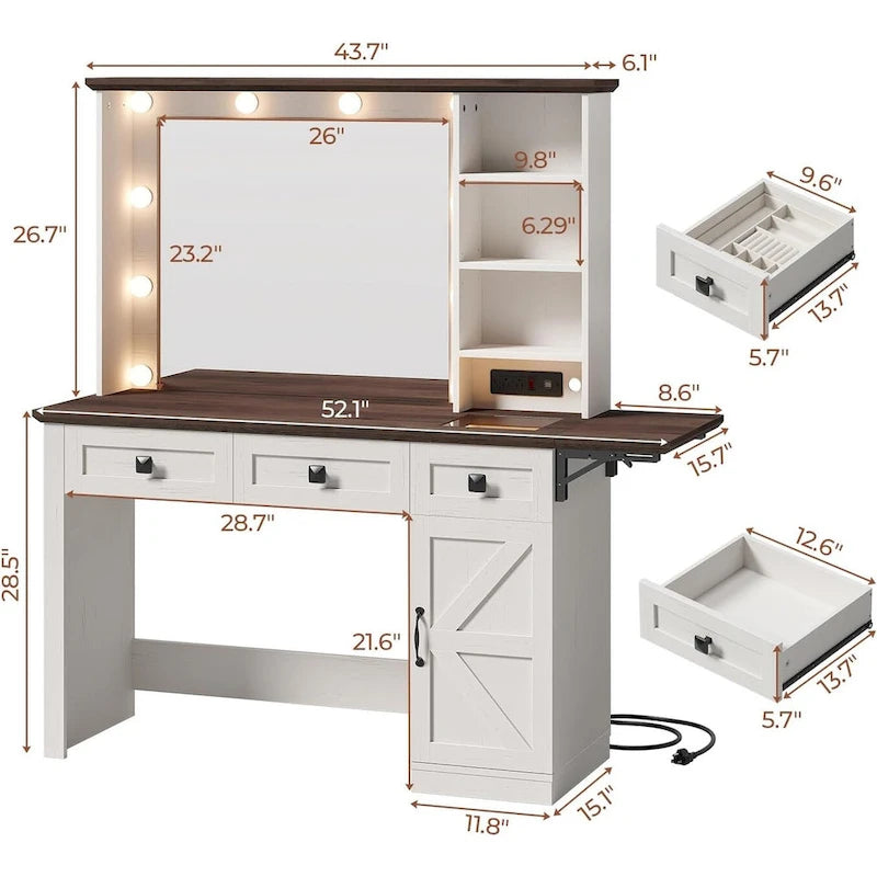 Makeup Vanity Desk with Large Hollywood Mirrors and Lights Bulb