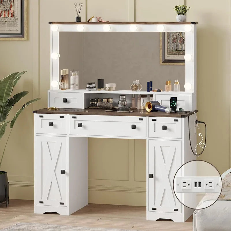 Makeup Vanity Desk with Large Hollywood Mirrors and Lights Bulb