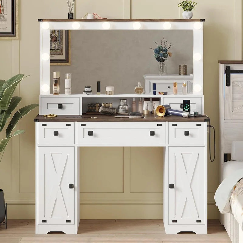 Makeup Vanity Desk with Large Hollywood Mirrors and Lights Bulb