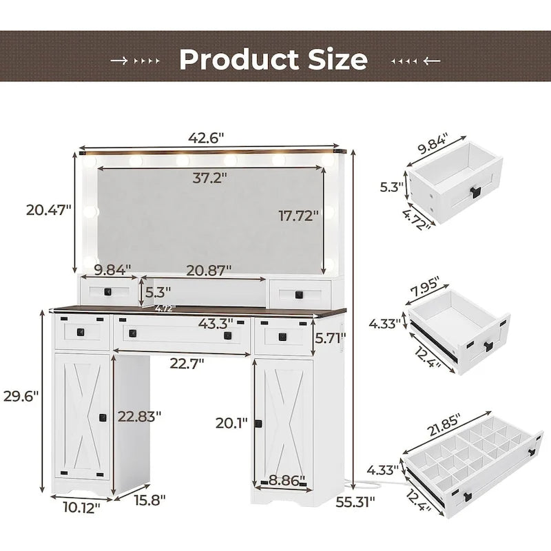 Makeup Vanity Desk with Large Hollywood Mirrors and Lights Bulb