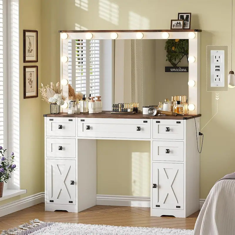 Makeup Vanity Desk with Large Hollywood Mirrors and Lights Bulb