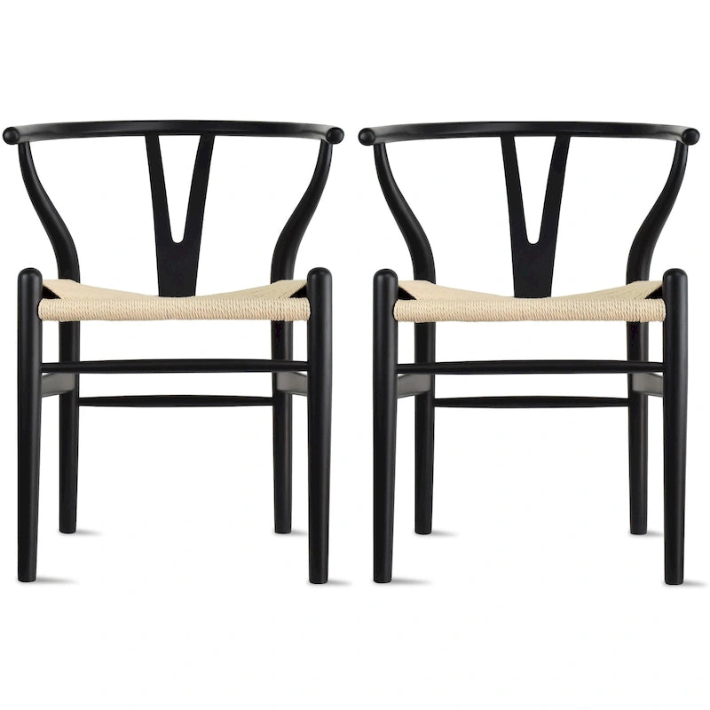 Set of 2 Modern Wood Dining Chair With Y Back Arm Armchair Hemp Seat For Home Restaurant Office