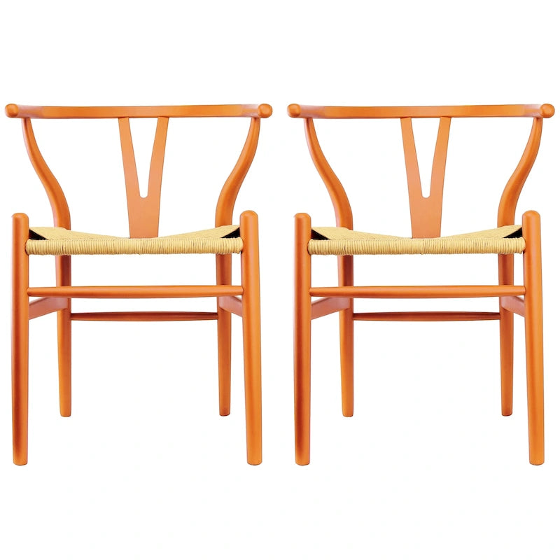 Set of 2 Modern Wood Dining Chair With Y Back Arm Armchair Hemp Seat For Home Restaurant Office