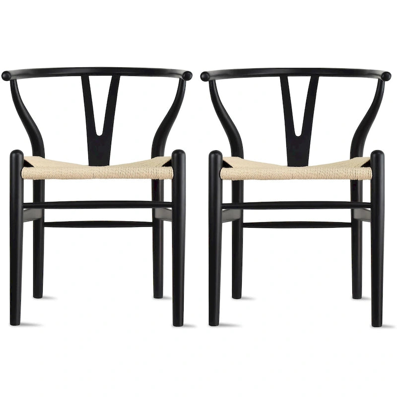 Set of 2 Modern Wood Dining Chair With Y Back Arm Armchair Hemp Seat For Home Restaurant Office