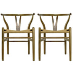 Set of 2 Modern Wood Dining Chair With Y Back Arm Armchair Hemp Seat For Home Restaurant Office