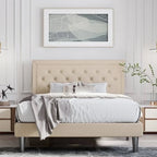 Linen Upholstered Adjustable Height Platform Bed with Button-Tufted Headboard