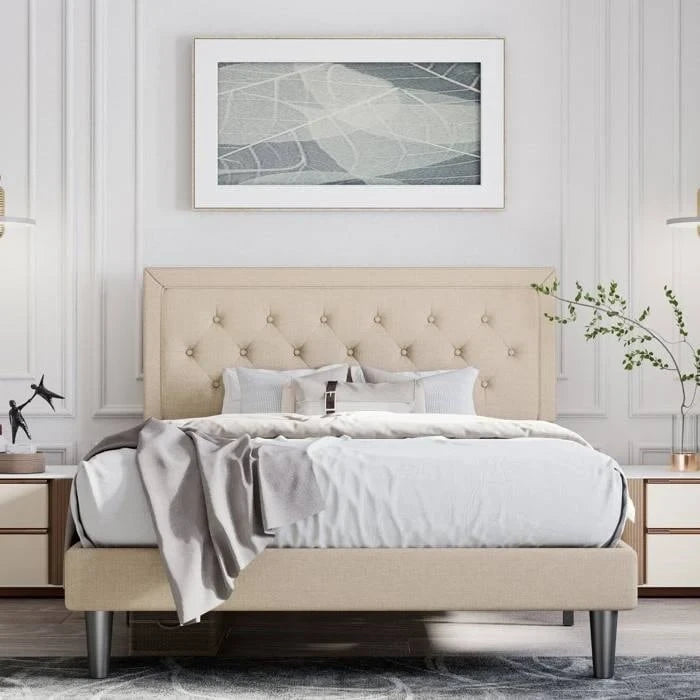 Linen Upholstered Adjustable Height Platform Bed with Button-Tufted Headboard