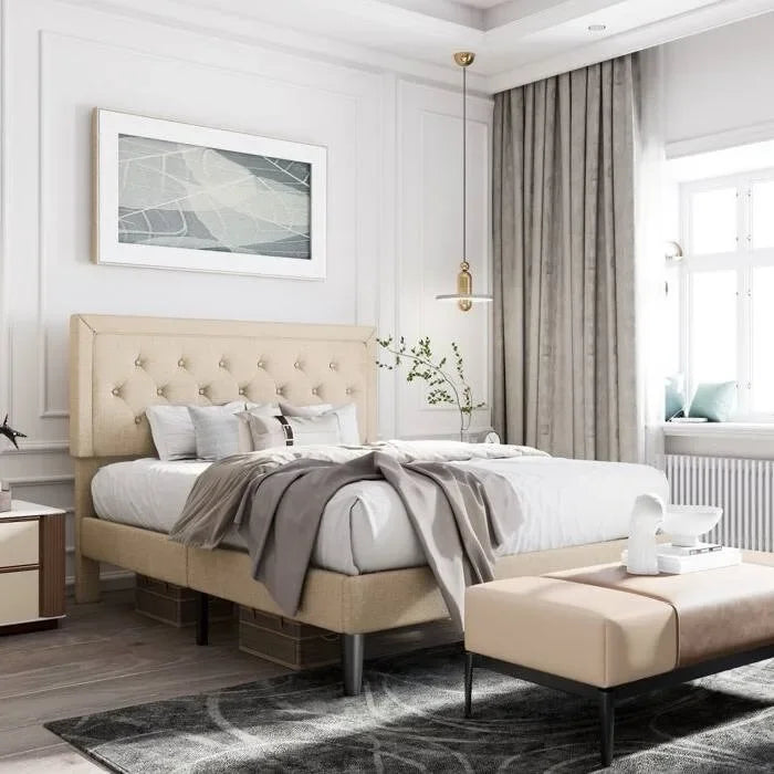 Linen Upholstered Adjustable Height Platform Bed with Button-Tufted Headboard