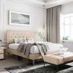 Linen Upholstered Adjustable Height Platform Bed with Button-Tufted Headboard