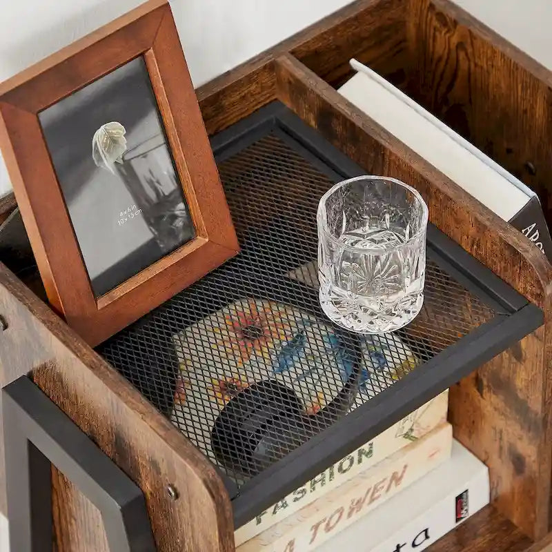 VECELO Set of 2 Industrial Nightstands with Storage Shelves,Brown