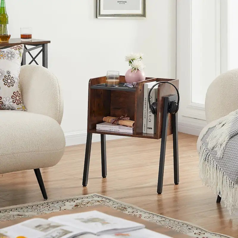 VECELO Set of 2 Industrial Nightstands with Storage Shelves,Brown