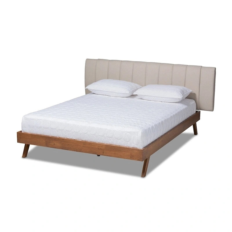 Brita Mid-Century Modern Light Beige Fabric Upholstered Walnut Finished Wood Bed