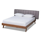 Brita Mid-Century Modern Light Beige Fabric Upholstered Walnut Finished Wood Bed