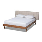 Brita Mid-Century Modern Light Beige Fabric Upholstered Walnut Finished Wood Bed