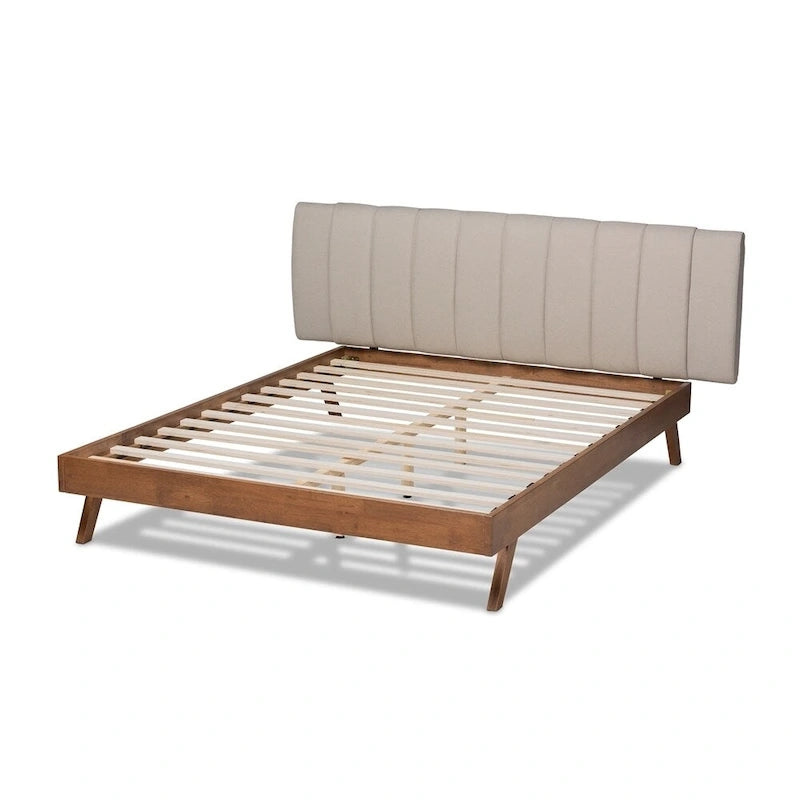 Brita Mid-Century Modern Light Beige Fabric Upholstered Walnut Finished Wood Bed