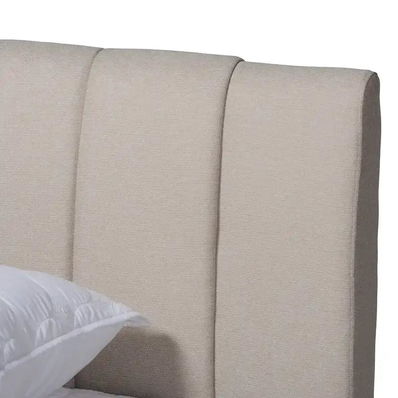 Brita Mid-Century Modern Light Beige Fabric Upholstered Walnut Finished Wood Bed