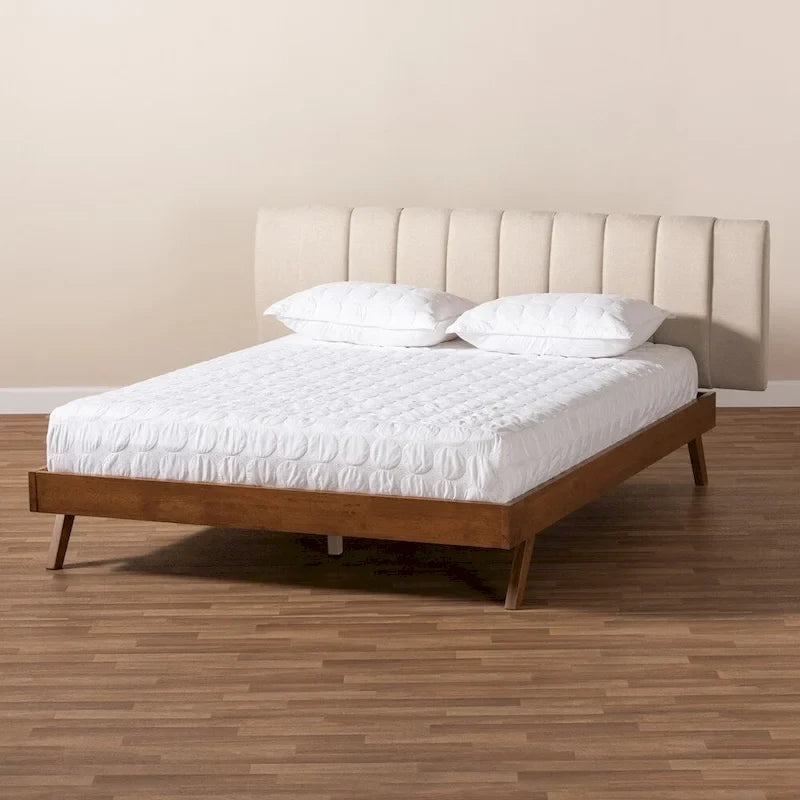 Brita Mid-Century Modern Light Beige Fabric Upholstered Walnut Finished Wood Bed