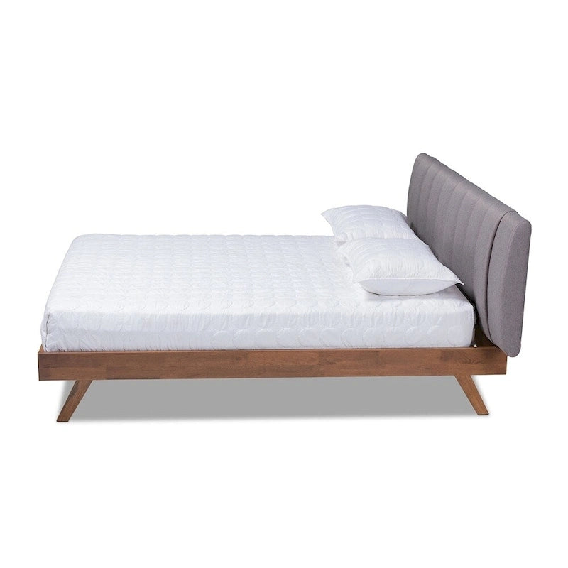 Brita Mid-Century Modern Light Beige Fabric Upholstered Walnut Finished Wood Bed