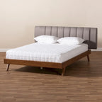 Brita Mid-Century Modern Light Beige Fabric Upholstered Walnut Finished Wood Bed