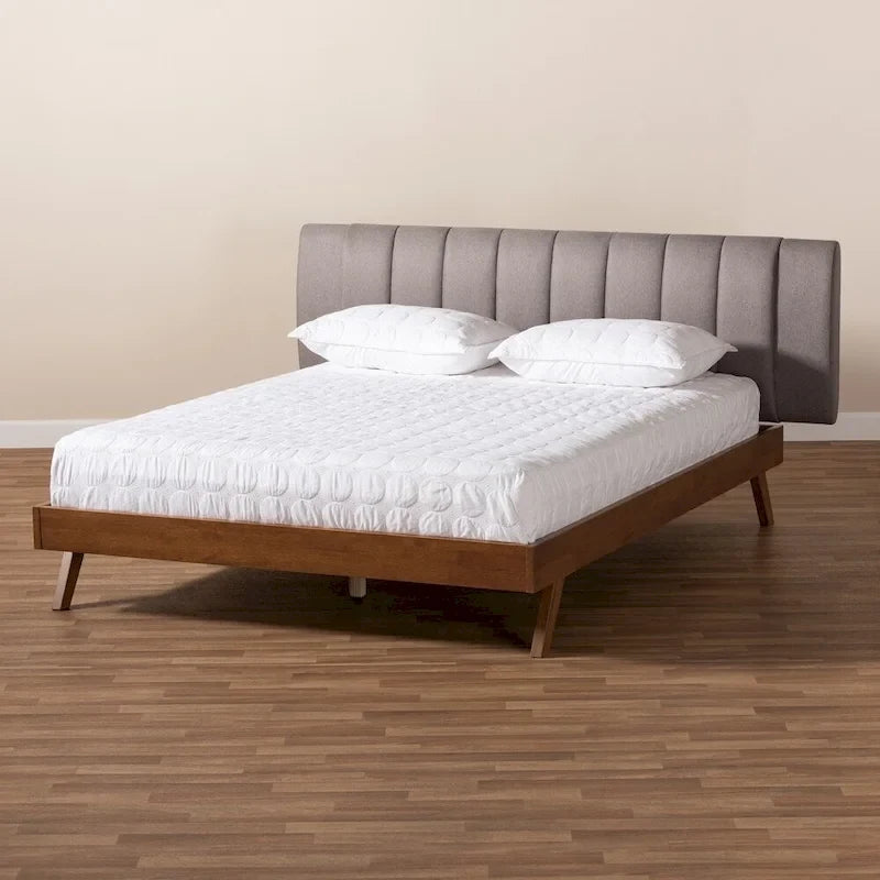 Brita Mid-Century Modern Light Beige Fabric Upholstered Walnut Finished Wood Bed