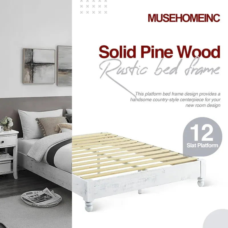 MUSEHOMEINC Solid Pine Wood 12 Slat Platform Rustic Bed Frame, Whitewashed, King - Whitewashed