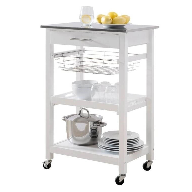 White Stainless Steel Top Kitchen Cart with Drawer and Storage Shelves - 23W x 16D x 34H