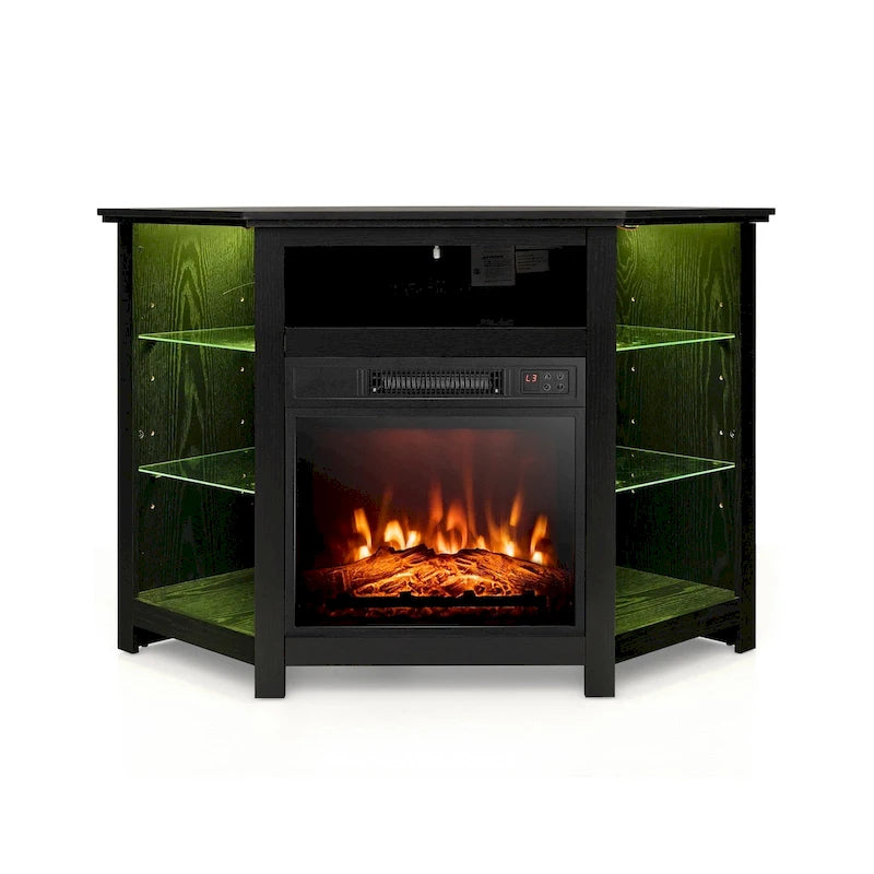 Electric Fireplace Corner TV Stand with LED Lights and Adjustable Glass Shelves - 45 x 22 x 30