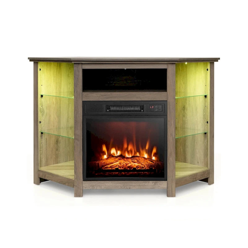 Electric Fireplace Corner TV Stand with LED Lights and Adjustable Glass Shelves - 45 x 22 x 30