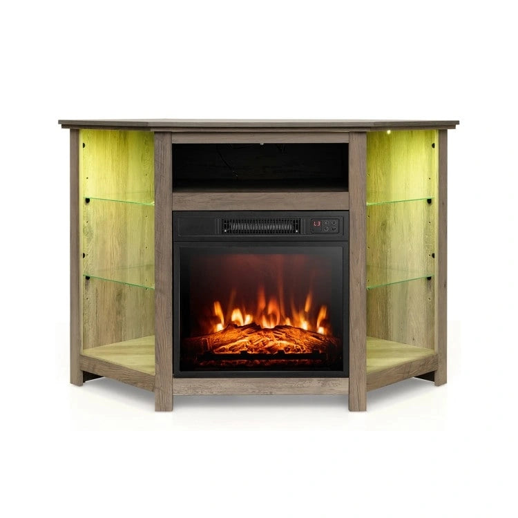 Electric Fireplace Corner TV Stand with LED Lights and Adjustable Glass Shelves - 45 x 22 x 30